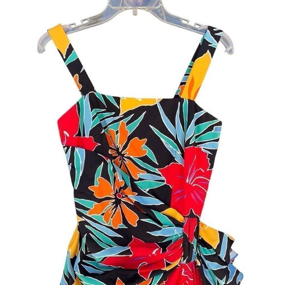 Vintage Tropical Flower Sheath Silhouette Smocked Dress Sz 6 Ruched Chunk Straps - Picture 3 of 9